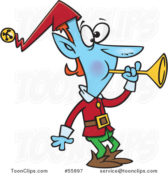Cartoon Blue Christmas Elf Blowing a Horn