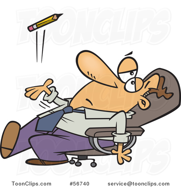 Cartoon Bored White Executive Business Man Leaning Back in His Chair and Tossing a Pencil