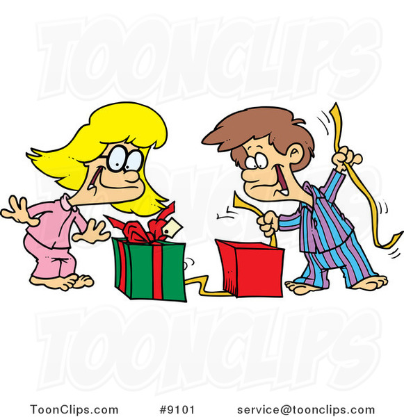 Cartoon Boy and Girl Opening Christmas Gifts