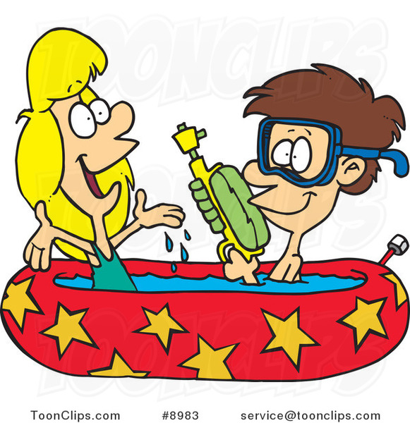 Cartoon Boy and Girl Playing in a Kiddie Pool