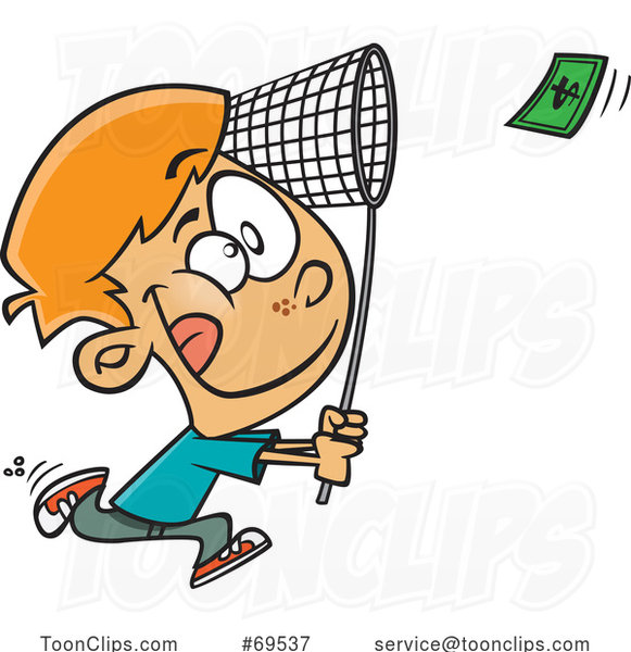 Cartoon Boy Chasing Money with a Net