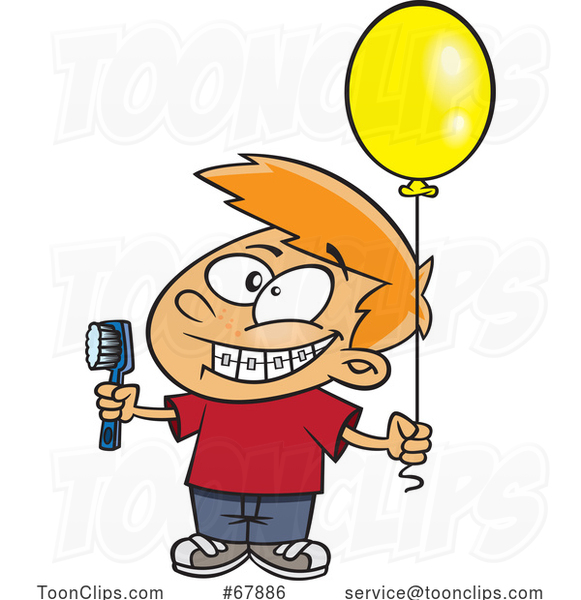 Cartoon Boy Grinning and Visiting with a Toothbrush and Balloon