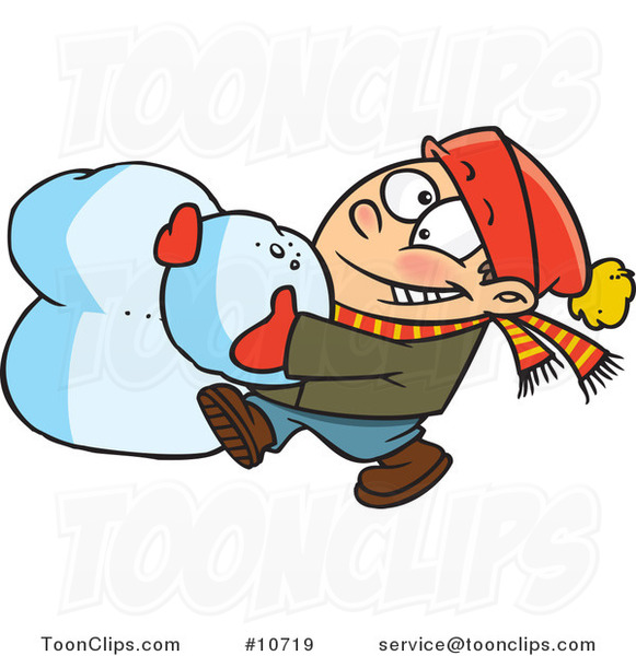 Cartoon Boy Making a Snowball for a Snowman Head