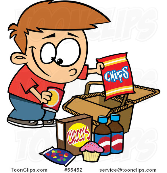 Cartoon Boy Packing Junk Food into a Picnic Basket