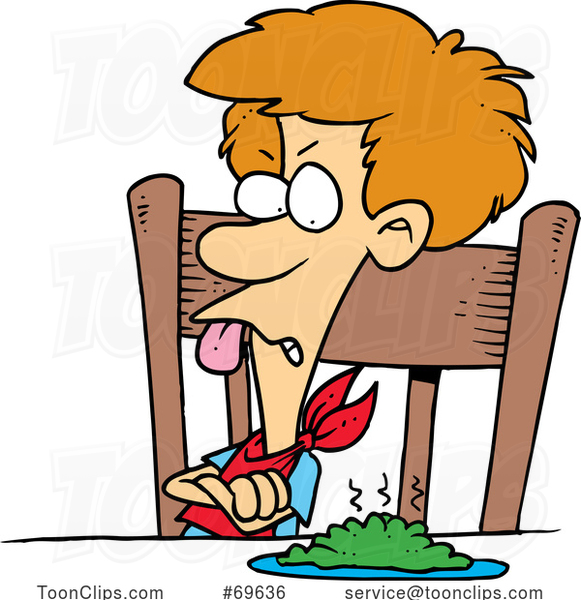 Cartoon Boy Picky Eater Refusing to Eat Greens
