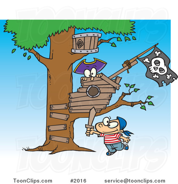 Cartoon Boy Playing near His Pirate Tree House