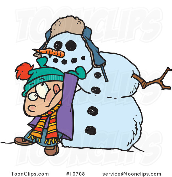 Cartoon Boy Putting a Head on a Snowman