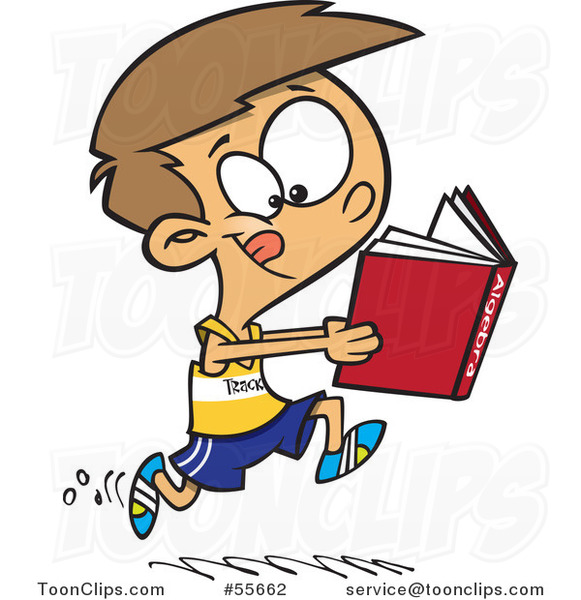 Cartoon Boy Running Track and Reading an Algebra Book