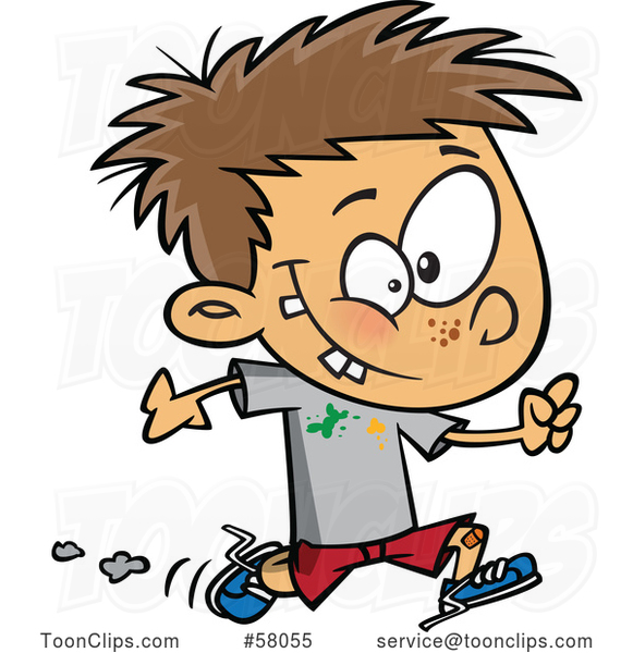 Cartoon Boy Running with Splatters on His Shirt