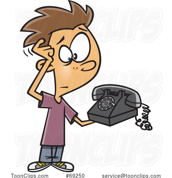 Cartoon Boy Scratching His Head and Looking at an Old Fashioned Telephone
