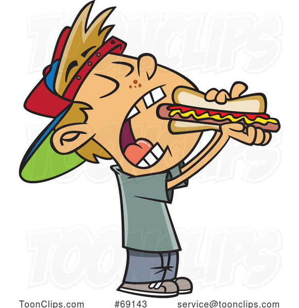 Cartoon Boy Taking a Big Bite of a Hot Dog
