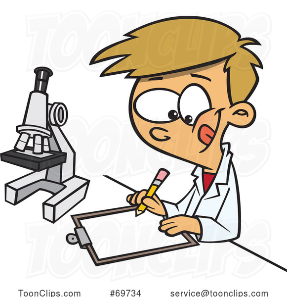 Cartoon Boy Taking Notes by a Microscope
