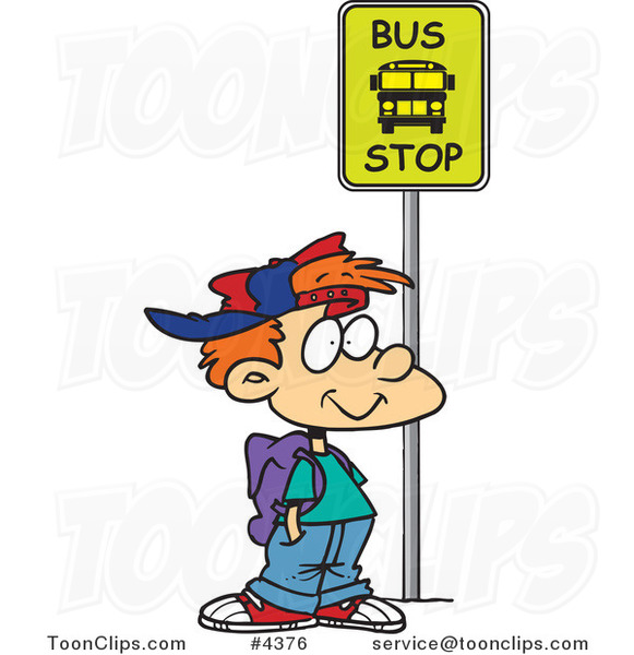 Cartoon Boy Waiting at a School Bus Stop #4376 by Ron Leishman