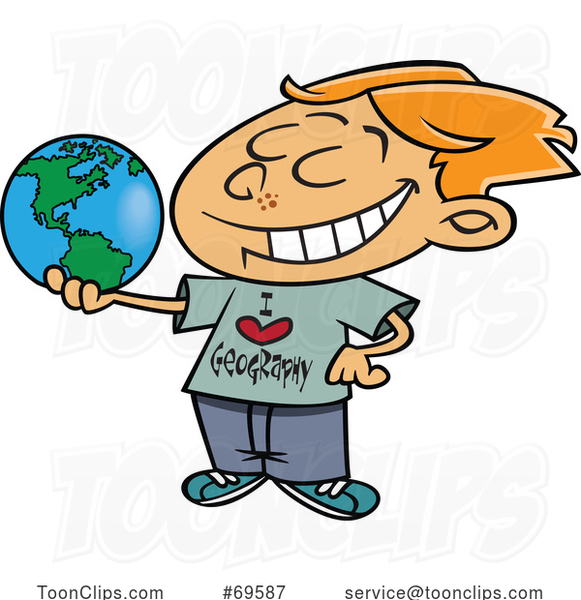 Cartoon Boy Wearing an I Love Geology Shirt and Holding a Globe
