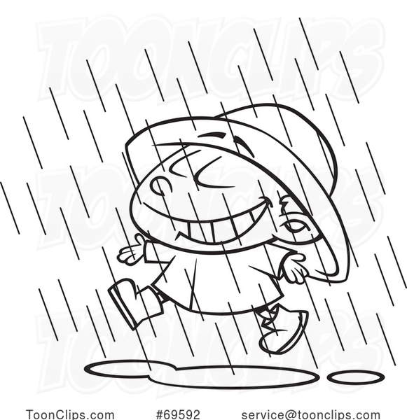 Cartoon Boy Wearing Rain Gear and Playing in April Showers