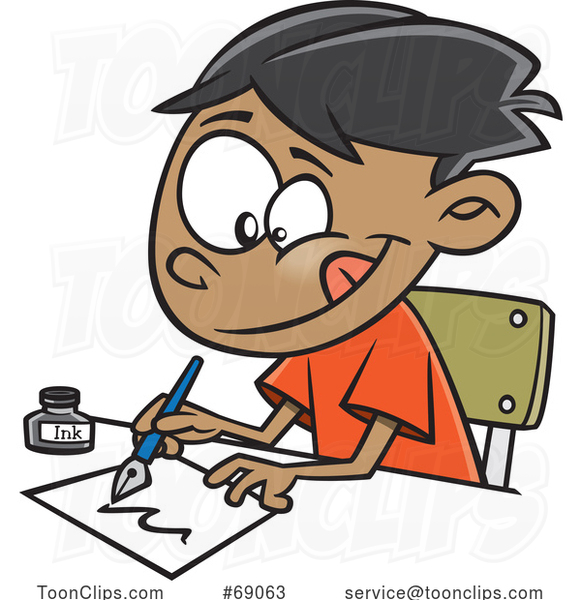 Cartoon Boy Writing with a Fountain Pen