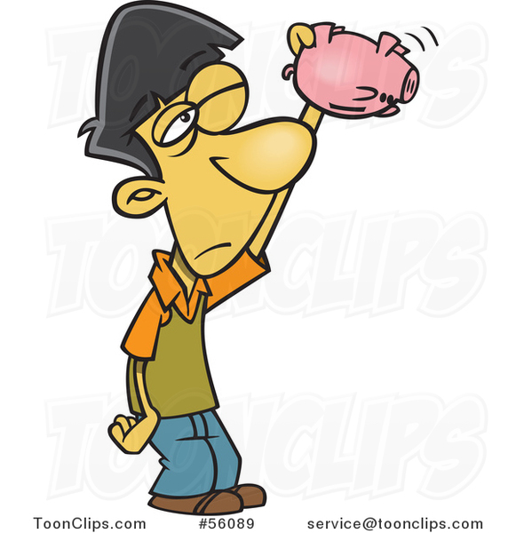 Cartoon Broke Asian Boy Shaking and Looking into an Empty Piggy Bank