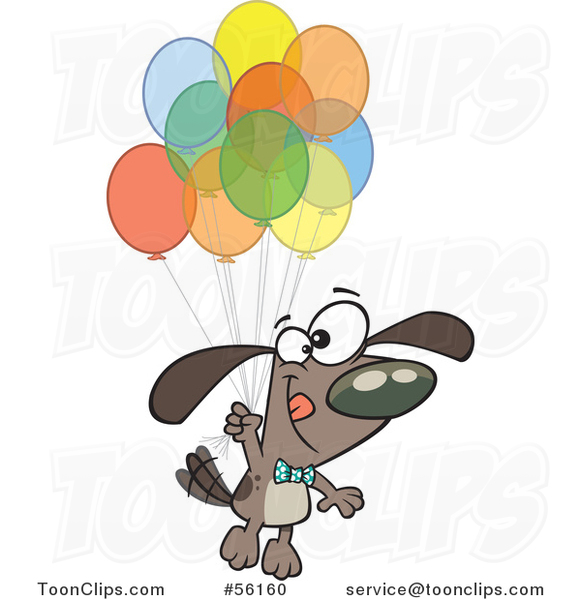 Cartoon Brown Dog Floating with a Bunch of Party Balloons
