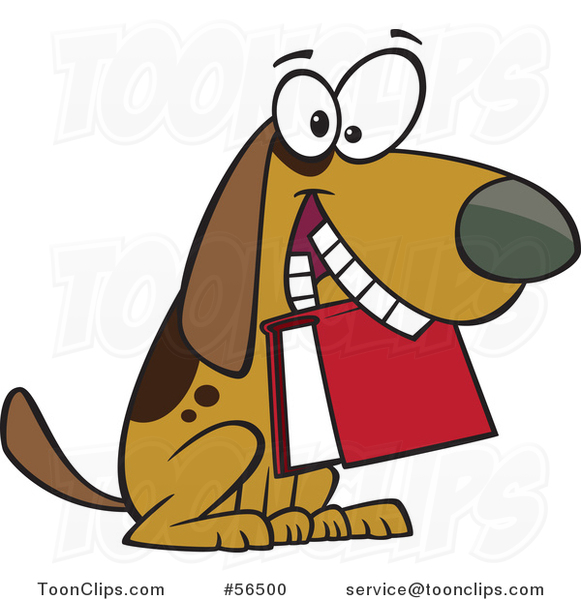 Cartoon Brown Dog Sitting with a Book in His Mouth