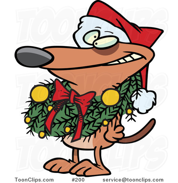 Cartoon Brown Puppy Dog Wearing a Santa Hat and Grinning, Decked out in a Christmas Wreath Which Is Hanging Around His Neck