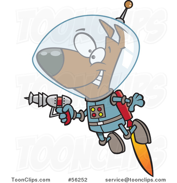 Cartoon Brown Space Dog Flying with a Jet Pack and Holding a Ray Gun