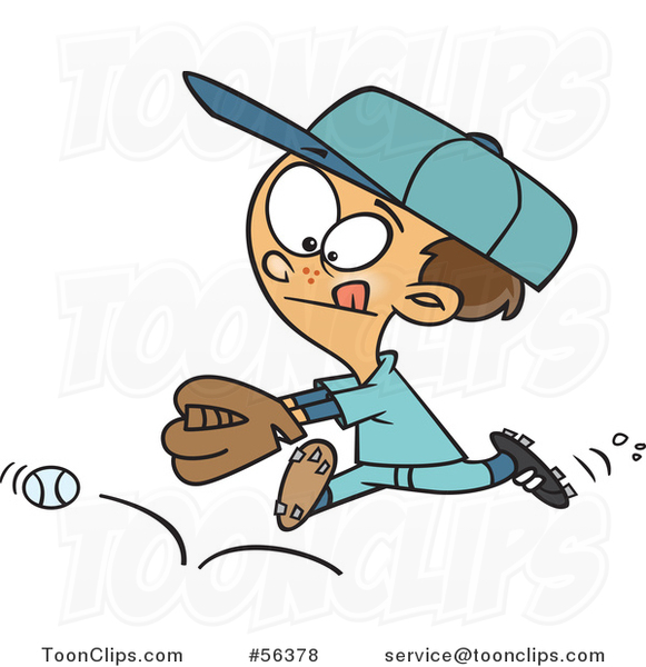 Cartoon Brunette White Boy Chasing a Bouncing Baseball