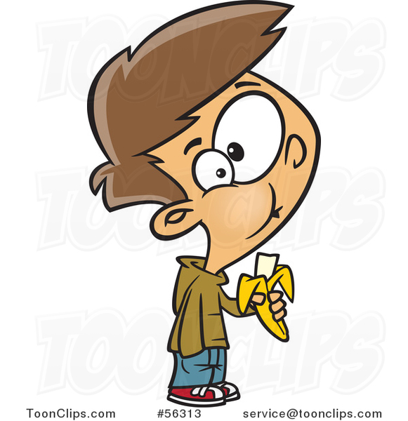 Cartoon Brunette White Boy Eating a Banana