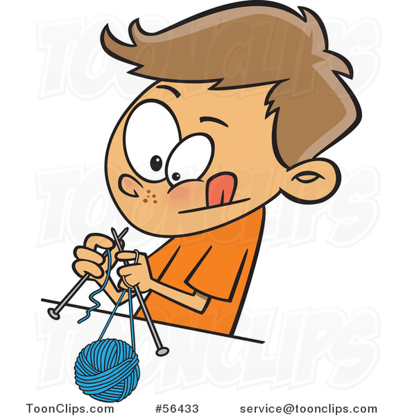 Cartoon Brunette White Boy Knitting with a Ball of Yarn and Needles #56433  by Ron Leishman