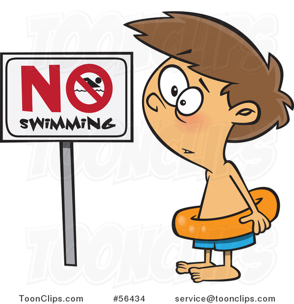 Cartoon Brunette White Boy Wearing an Inner Tube by a No Swimming Sign