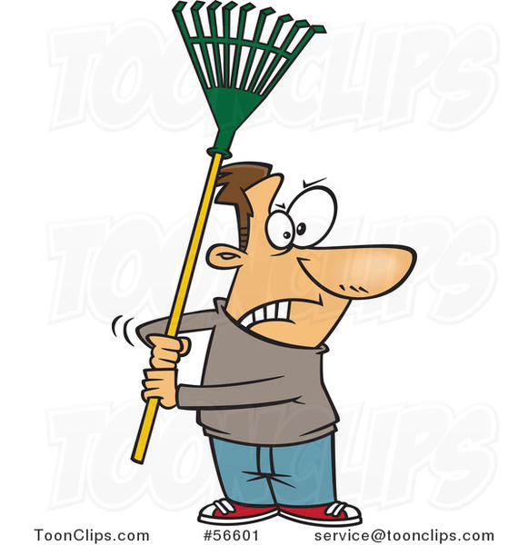 Cartoon Brunette White Guy Ready to Fight with a Rake