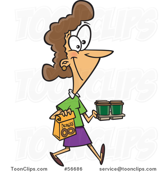 Cartoon Brunette White Lady Carrying Coffee and Donuts