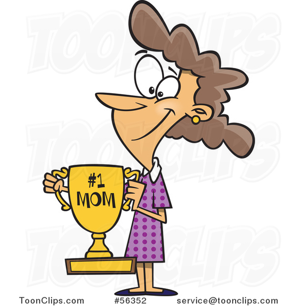 Cartoon Brunette White Mom Holding a Trophy