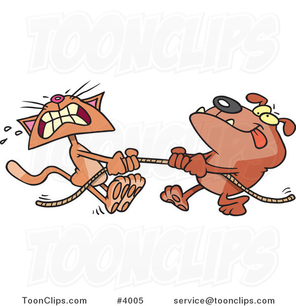 Cartoon Bull Dog and Cat Playing Tug of War