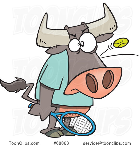 Cartoon Bull Playing Tennis with a Ball Bouncing off of His Head