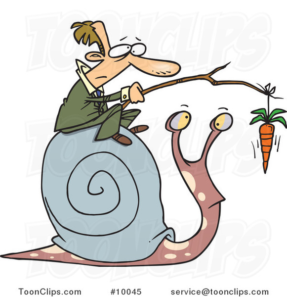 Cartoon Business Man Progressing a Snail with a Carrot