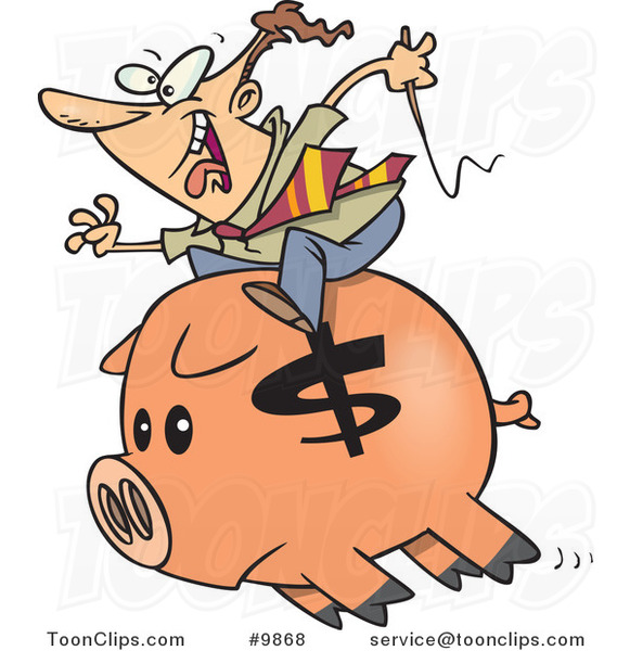 Cartoon Business Man Riding a Piggy Bank