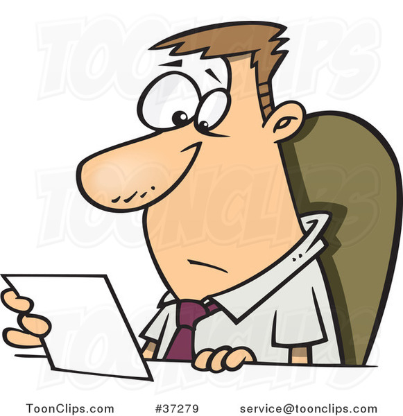 Cartoon Business Man Seated at a Desk and Reading a Memo