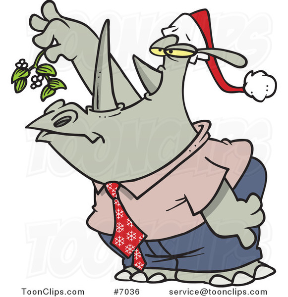 Cartoon Business Rhino Holding Mistletoe and Puckering