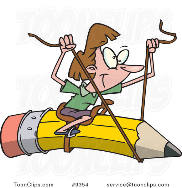 Cartoon Business Woman Riding a Pencil