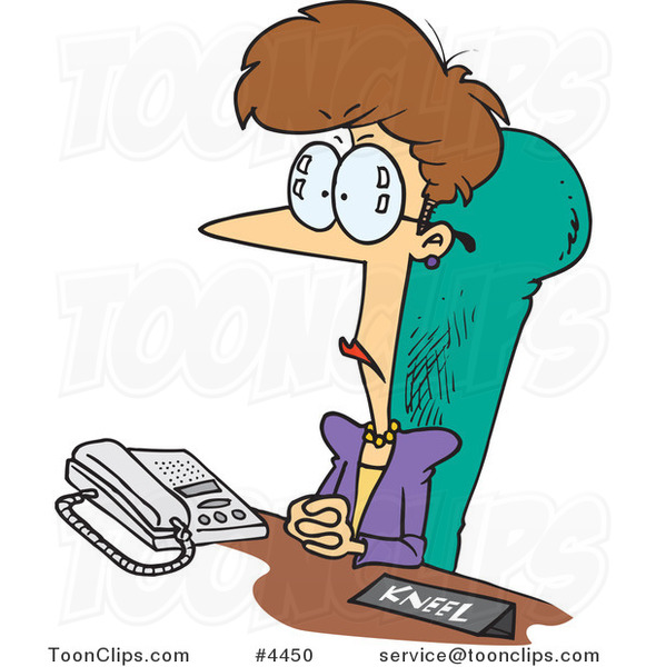 Cartoon Business Woman Sitting At Her Desk With A Kneel Sign 4450