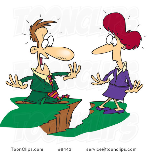 Cartoon Businessman and Lady Being Divided by a Chasm