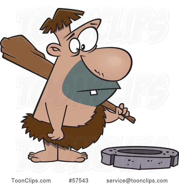 Cartoon Caveman Looking Expectantly at a Stone Wheel