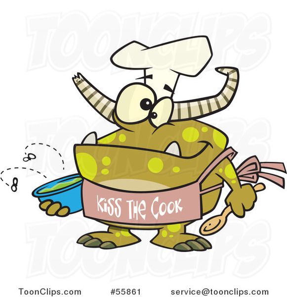 Cartoon Chef Monster Wearing a Kiss the Cook Apron
