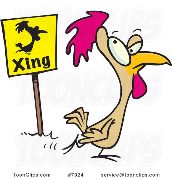 Cartoon Chicken Crossing by a Sign
