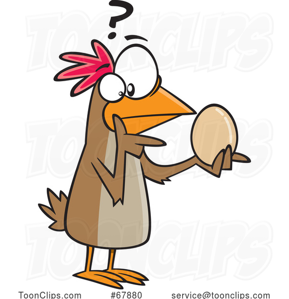 Cartoon Chicken Pondering over an Egg and Which Came First