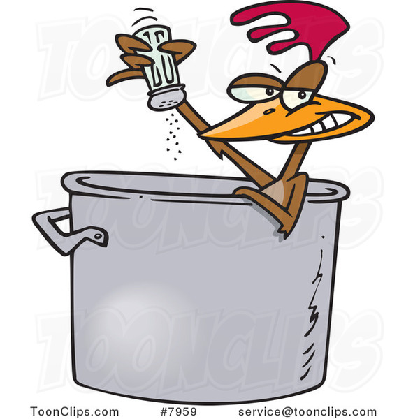 Cartoon Chicken Seasoning Himself in a Soup Pot