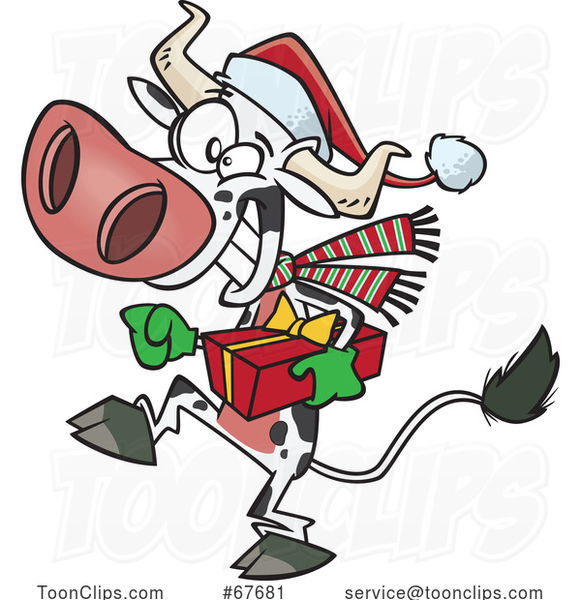 Cartoon Christmas Cow Holding a Present