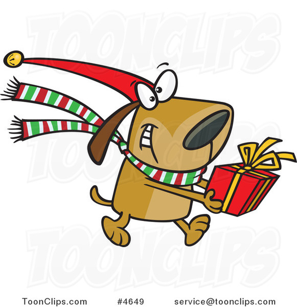 Cartoon Christmas Dog Carrying a Present #4649 by Ron Leishman