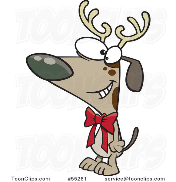 Cartoon Christmas Dog Wearing Antlers and a Bow