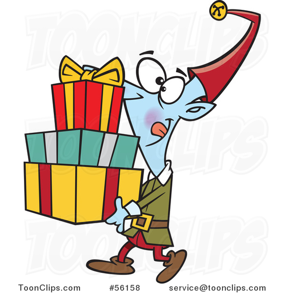 Cartoon Christmas Elf Carrying a Stack of Presents